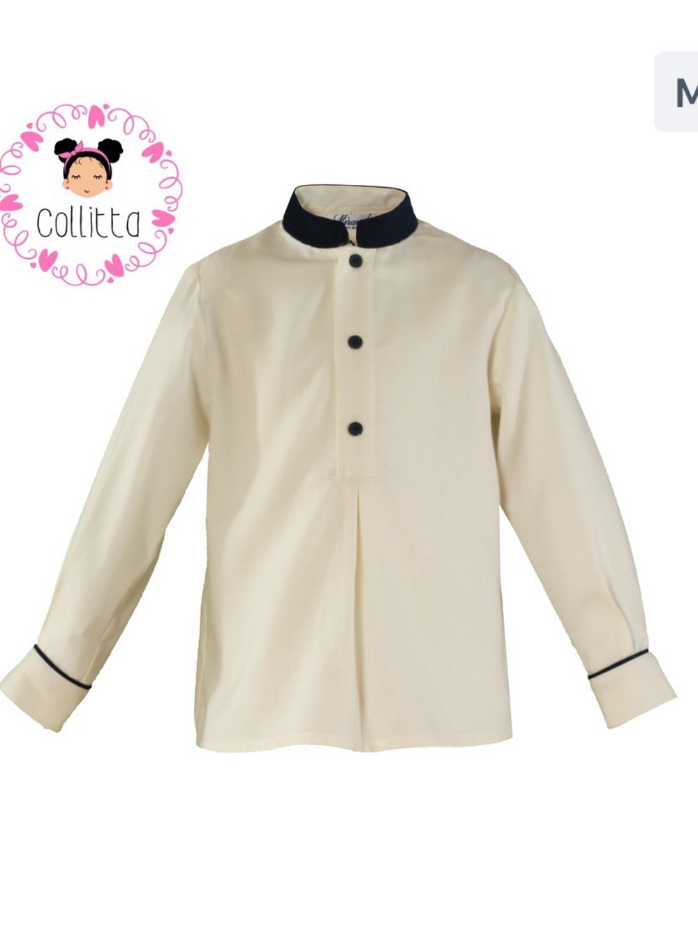 Collitta Cream Button-Front Boys' Shirt with Navy Trim
